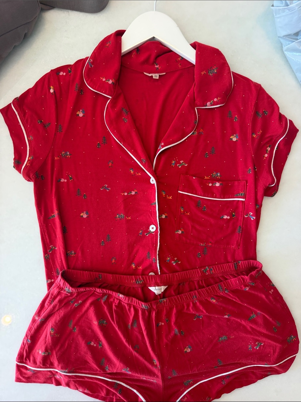 Eberjey Red Short Sleeve Button Pajama Set with White Piping